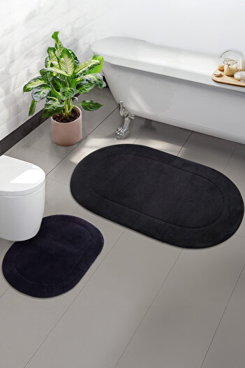Bestekar Ellora Black Oval Bath Mat Set of 2 Leather and Non-Slip Base Soft Textured Machine Washable