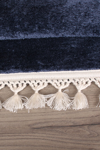 Bestekar Lunasoft Navy Blue Pompom Fringed Modern Non-Slip Soft Machine Washable Bath Mat Set of 2