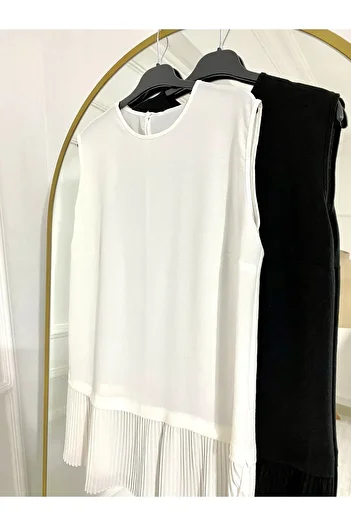 Modabenna Pleated Black Ecru 2-Piece Women's Hijab Shirt Pleated Pleated Tunic Underwear Zero Collar Sleeveless