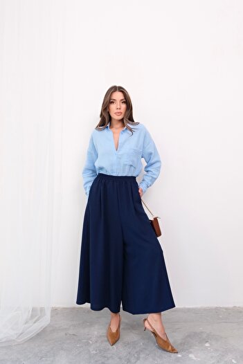 Hatun Atila Beli Lastikli Geniş Kesim Kloş Double Krep Pantolon Etek 5187 - Lacivert