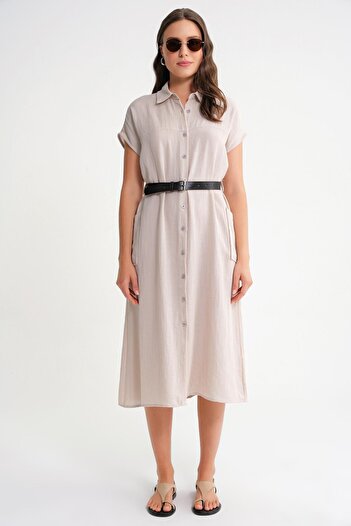 Mixray 4453 Women's Linen Pocket Midi Belted Dress Stone