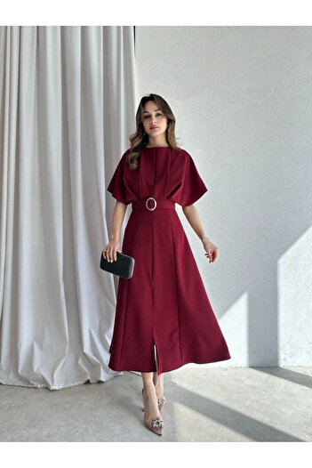 Modisma Bordo Kemer Detaylı Midi Elbise