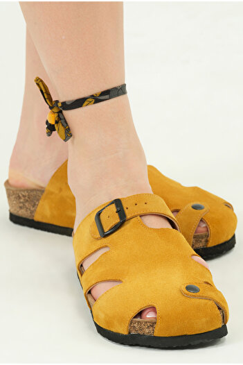 Lemoors Marta Natural Cork Sole Genuine Suede Leather Mustard Yellow Sabo Slippers
