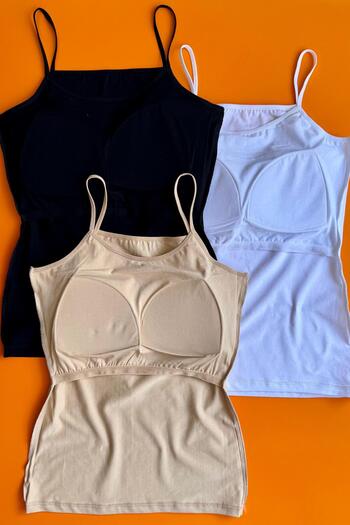 Elosia Bratique Rope Strap |   Cotton 3-Piece Black, White and Tan Bra Women's Tank-Blouse