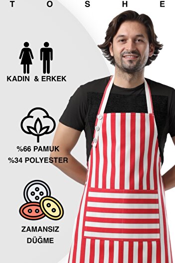 TOSHEX Mutfak Önlüğü Su Geçirmez Şef Önlüğü 2 Geniş Cepli Barista Önlük Çizgili Kırmızı Mutfak Önlüğü