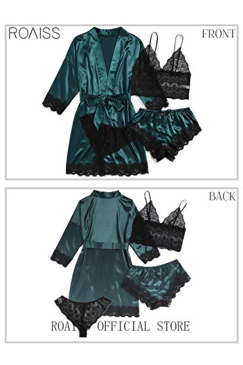 ROAISS 4 Pack Women's Nightwear Set Silk Satin Sleepwear Pajama Summer Home Wearing Clothes Suits Embroider