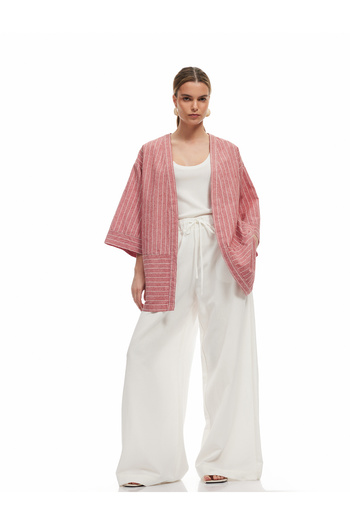 Koton Comfortable Fit Wide Sleeve Linen Blended Striped Kimono