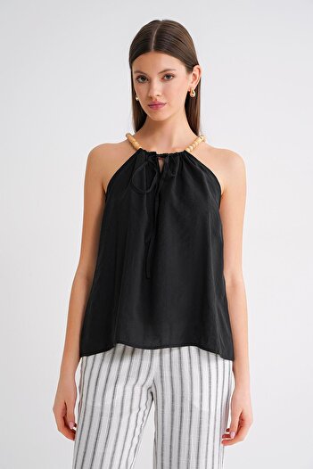 Mixray 4664 Women's Beaded Strap Blouse Black