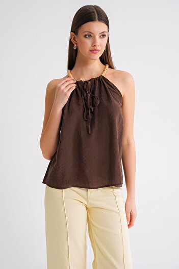 Mixray 4664 Women's Beaded Strap Blouse Brown