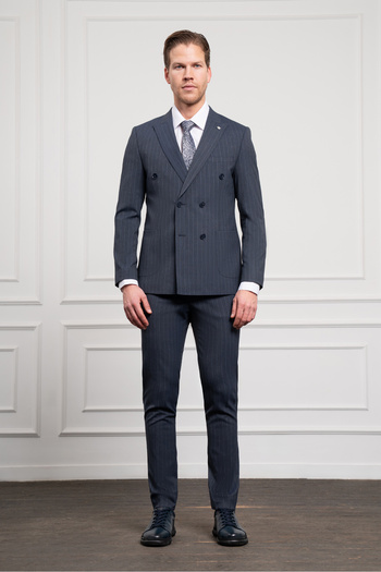 Morven Men's Navy Blue Trend Slim Fit Pointed Collar Double Breasted Suit