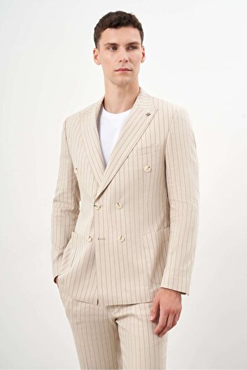 Morven Beige Slim Fit Linen Suit - Men's, Double Breasted Pointed Collar