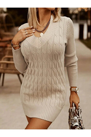 MetuCA Women's Long Sleeve Deep V Neck Short Knitwear Dress