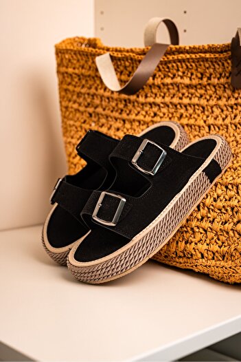 by selvi Lukka Shoes Francesco Black Suede Double Buckle Handmade Natural Straw Men's Slippers