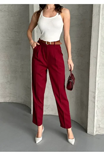 vesantia Women's Burgundy Belted Carrot Cut Fabric Trousers