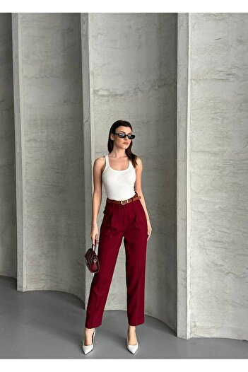 vesantia Women's Burgundy Belted Carrot Cut Fabric Trousers