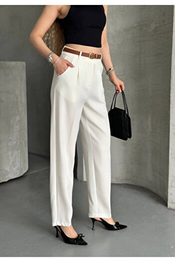 vesantia Women's White Belted Carrot Cut Fabric Trousers