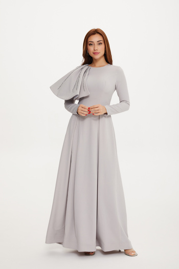 Stylish Long gray dress with embroidered shoulder