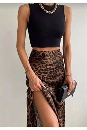 MİSPİER Summer Leopard/Black Patterned Midi Length Satin Skirt