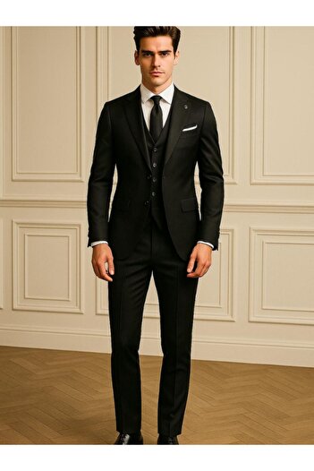 Almino By Şerifoğlu Men's Slim Fit Full Mold Black Vest Suit