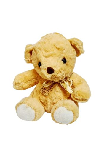 OEM Plush toy, fluffy teddy bear with satin bow, beige, 17 cm