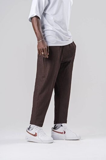 FıttingRoom Elastic Waist Textured Wrinkle Fabric Brown Baggy Trousers