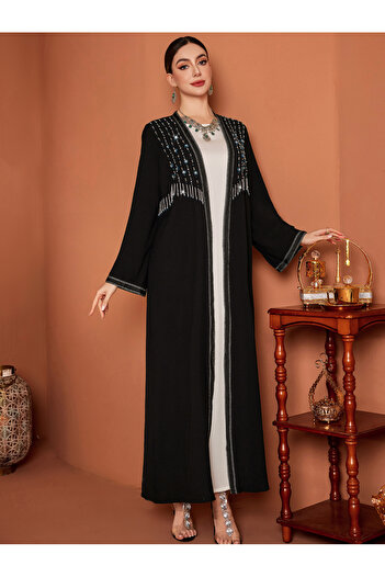 Styli Beaded Embroidered Long Sleeve Kimono with Tassel Detail