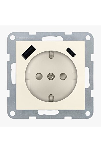 PANASONIC Schuko Socket with Child Protection and USB Ports (A+C) Quick Charge - Karre Plus 55 Beige
