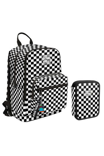 Coral High Black and White Checkered Girl's School Bag and Organizer Pen Holder Set - Primary School and Middle School