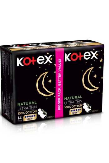Kotex فوط صحية طبيعية رقيقة للغاية مصنوعة من القطن بنسبة 100%، ليلية بأجنحة، 14 فوطة صحية