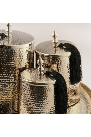 LA MESA Metal Set Of 3 Jars With 1 Tray, Silver