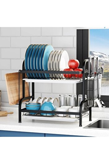 divendi-ro Dish rack with 2 levels, space for cutlery and utensil hooks, black