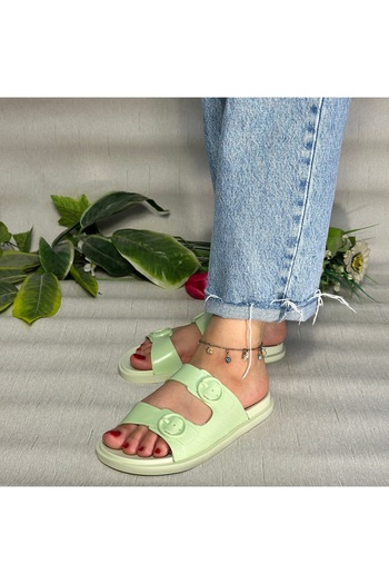 Flexter Papuci eleganti din piele lacuita pentru femei, verde apa, cu catarama dubla, plat, confortabili, cu talpa anti-alunecare - pentru plaja, piscina si uz zilnic