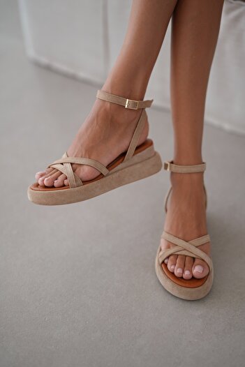 selinshoes Agues Cross Strap Detailed Genuine Leather Women's Sandals - Beige Suede