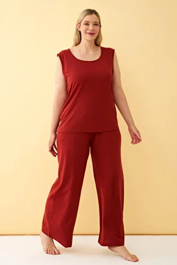 Akbeniz Women's Tile Large Size Combed Cotton Bottom Top Set
