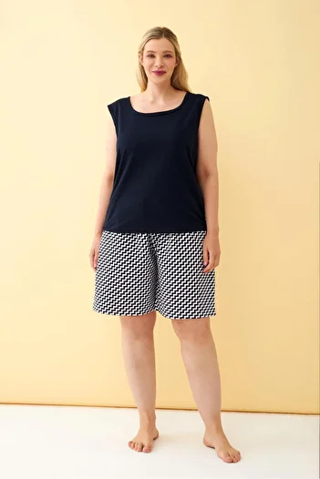 Akbeniz Women's Navy Blue Geometric Patterned Plus Size Pajama Set with Shorts
