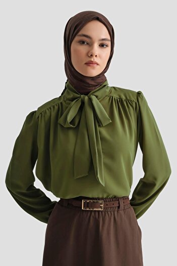 Armine TREND Armi̇ne Trend Neck Ribbon Patterned Tunic-Oil Green 25Yt303