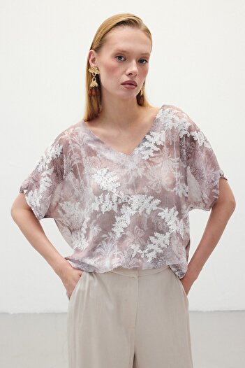 Sateen Embroidered Short Sleeve Blouse - Camel