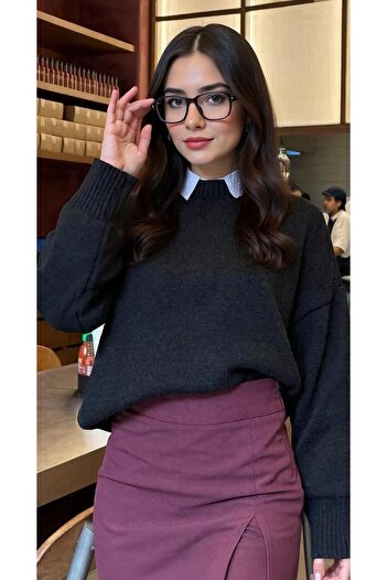 uyguntarz Πλεκτό πουλόβερ Crew Neck Μαύρο Oversize
