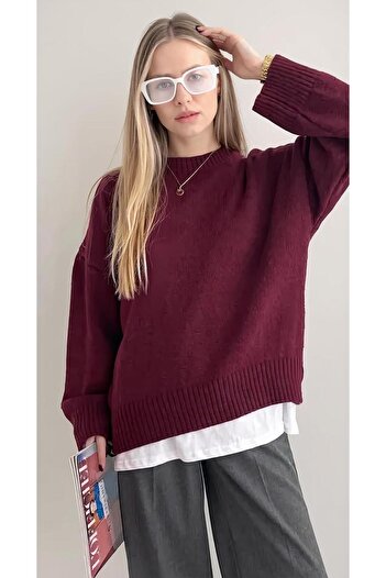 uyguntarz Crew Neck Burgundy Oversize Knitwear Sweater