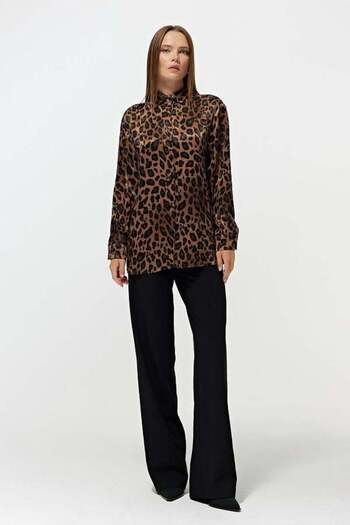 Mixray 4106 Leopard Pattern Satin Shirt Brown