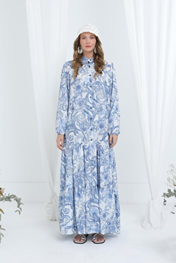 Puane Women's Belted Print Detailed Long Dress -12636Elb - Indigo