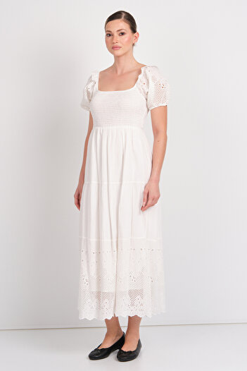 WIENELLA Women's Top Size Lycra Lace Detailed 100% Cotton Maxi Dress 4010 Ecru