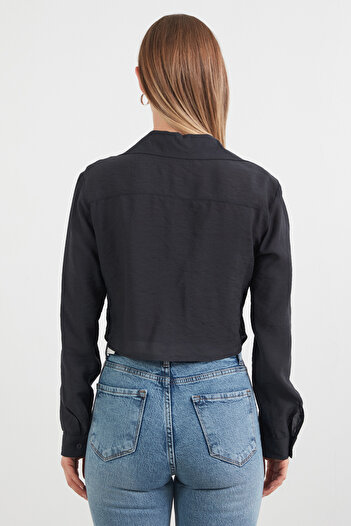 Fulla Moda Önü Düğümlü Cepli Crop Gömlek