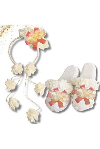 pegu baby collection Maternity Design Slippers and Chain Earrings Model Pearl Crown Set, Bridal Kina Engagement Slippers