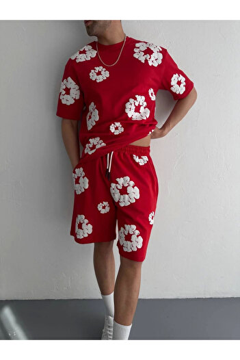 soonaksesuar Two Thread Fabric Printed T-Shirt Shorts Suit - Red
