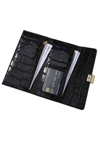 OEM Long trifold wallet for women, embossed crocodile design, PU leather, - Black