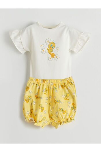 LC Waikiki Ecru Tweety Printed Baby Girl Snapback Bodysuit and Shorts 2-Piece