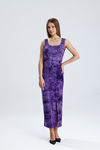 Sense Sleeveless Square Necklace Knitted Viscosse Dress |   Elb36253 Purple Tie Dye