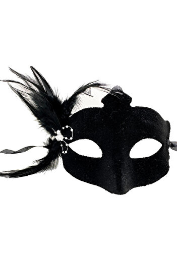 Skygo Black Suede Party Mask with White Pearls - Side Feather, 18x15 Cm