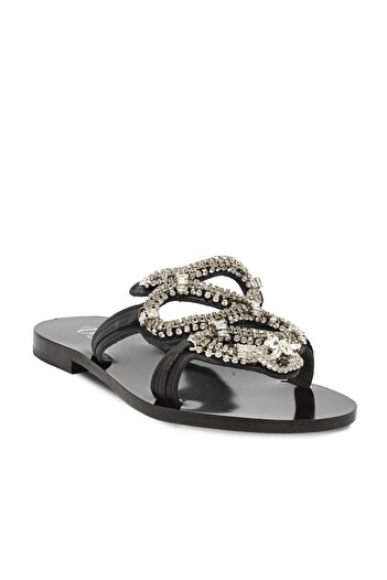 Vario Stone Detailed Flat Slippers 7107 Black (Black)